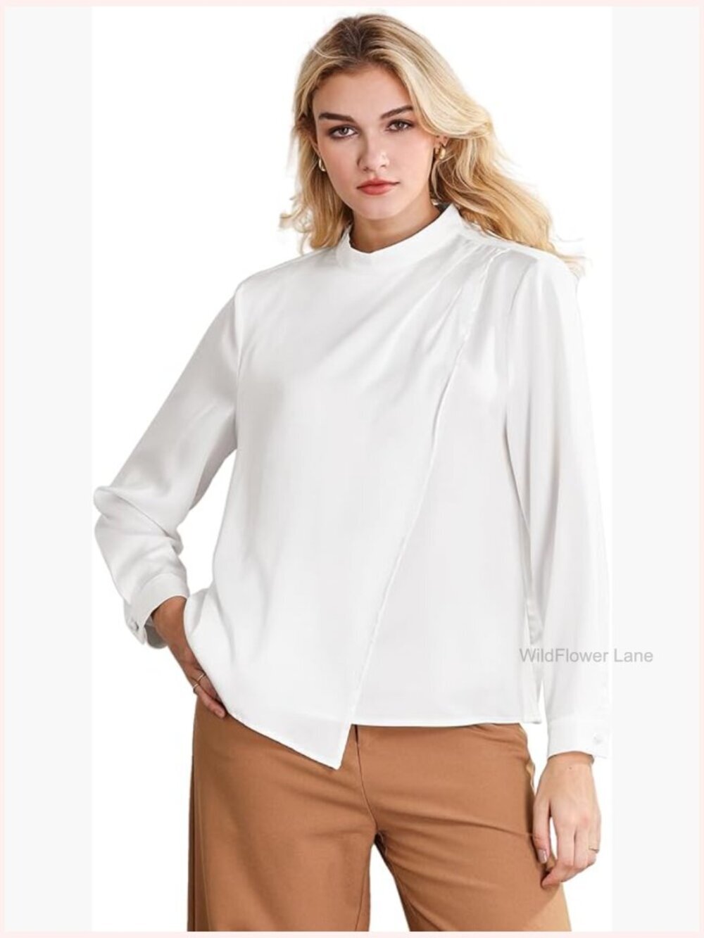 Mock Neck Satin Top Pleated Long Sleeve Work Blouse